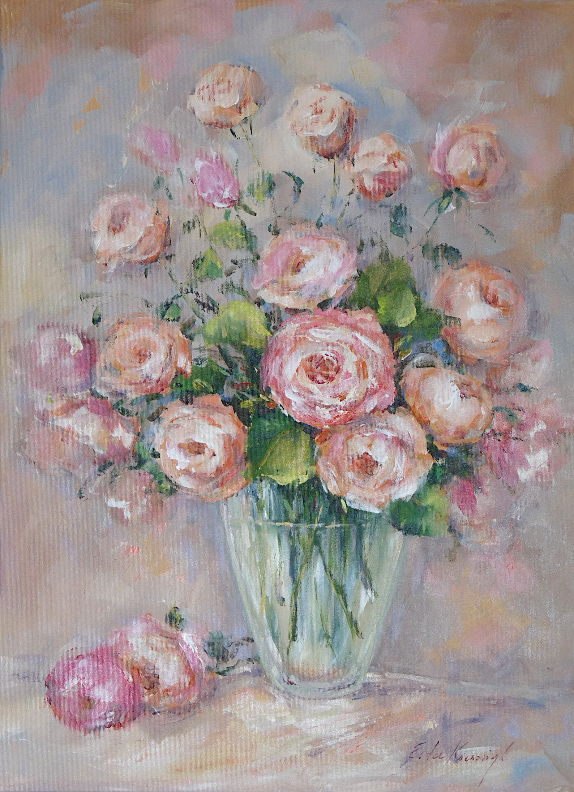 Ružový sen 1, kytica ruží akryl na plátne